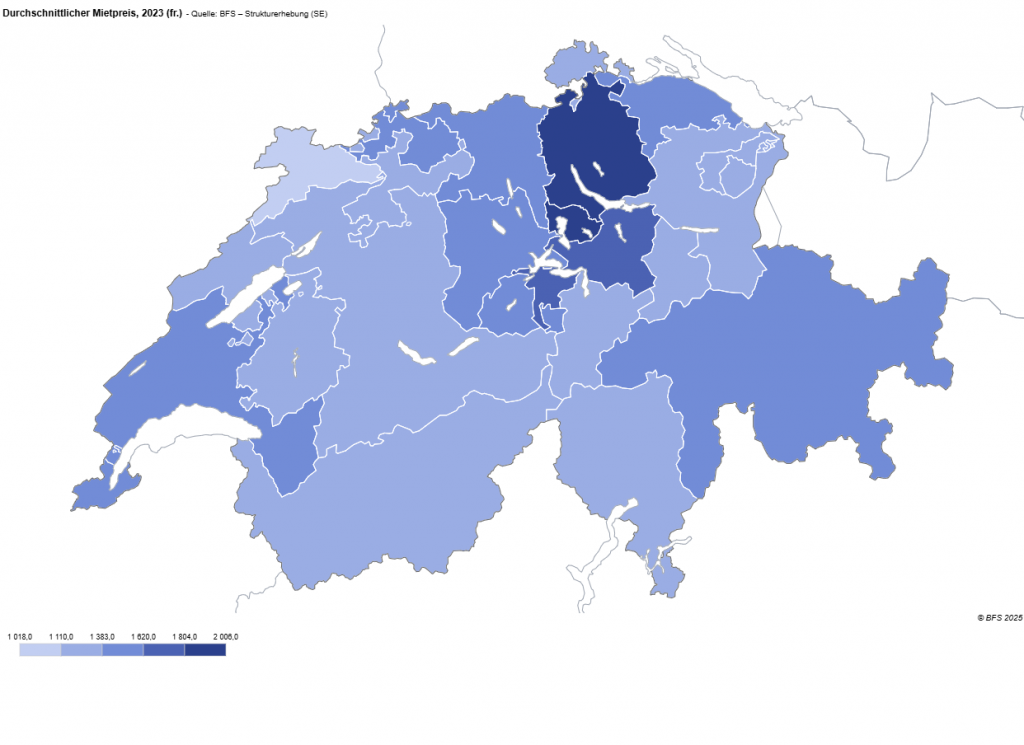 Eine Karte der Schweiz, die Kantone sind blau eingefärbt, je teurer der Mietpreis, desto dunkler.